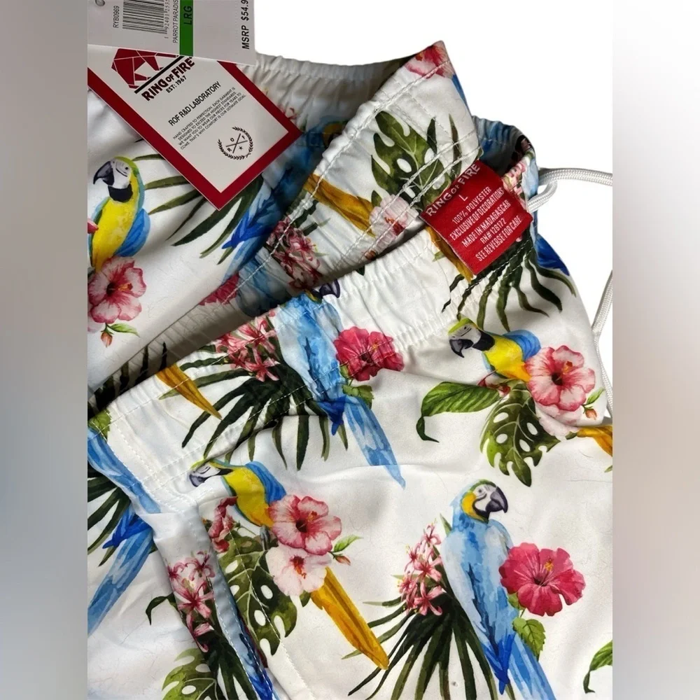 Ring of Fire Sz Large Parrot and Floral Print shorts/swim Trunks NWT. Summer Fun